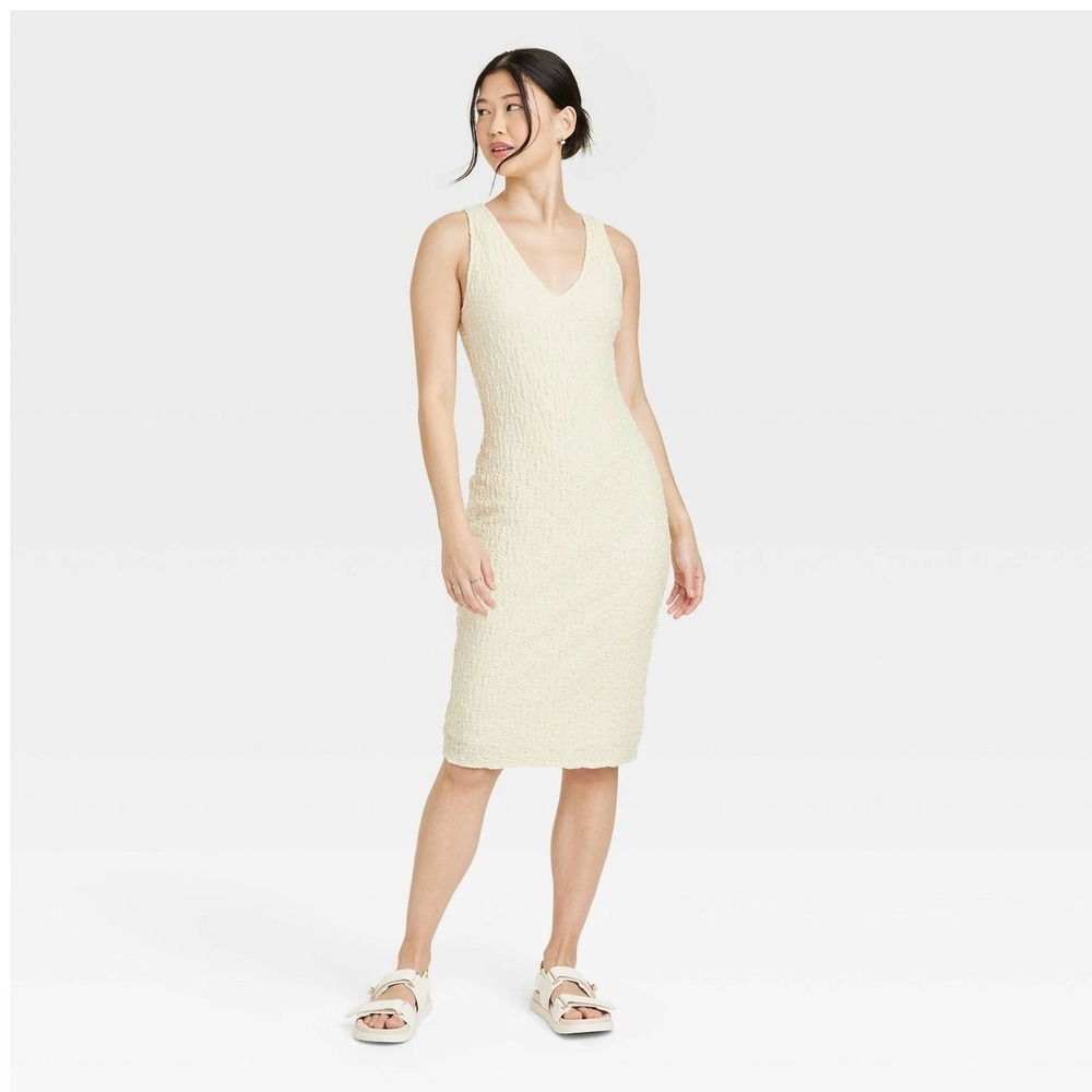 A New Day Cream Puckered Knit Midi Bodycon Tank V-neck Stretch Dress Size Medium